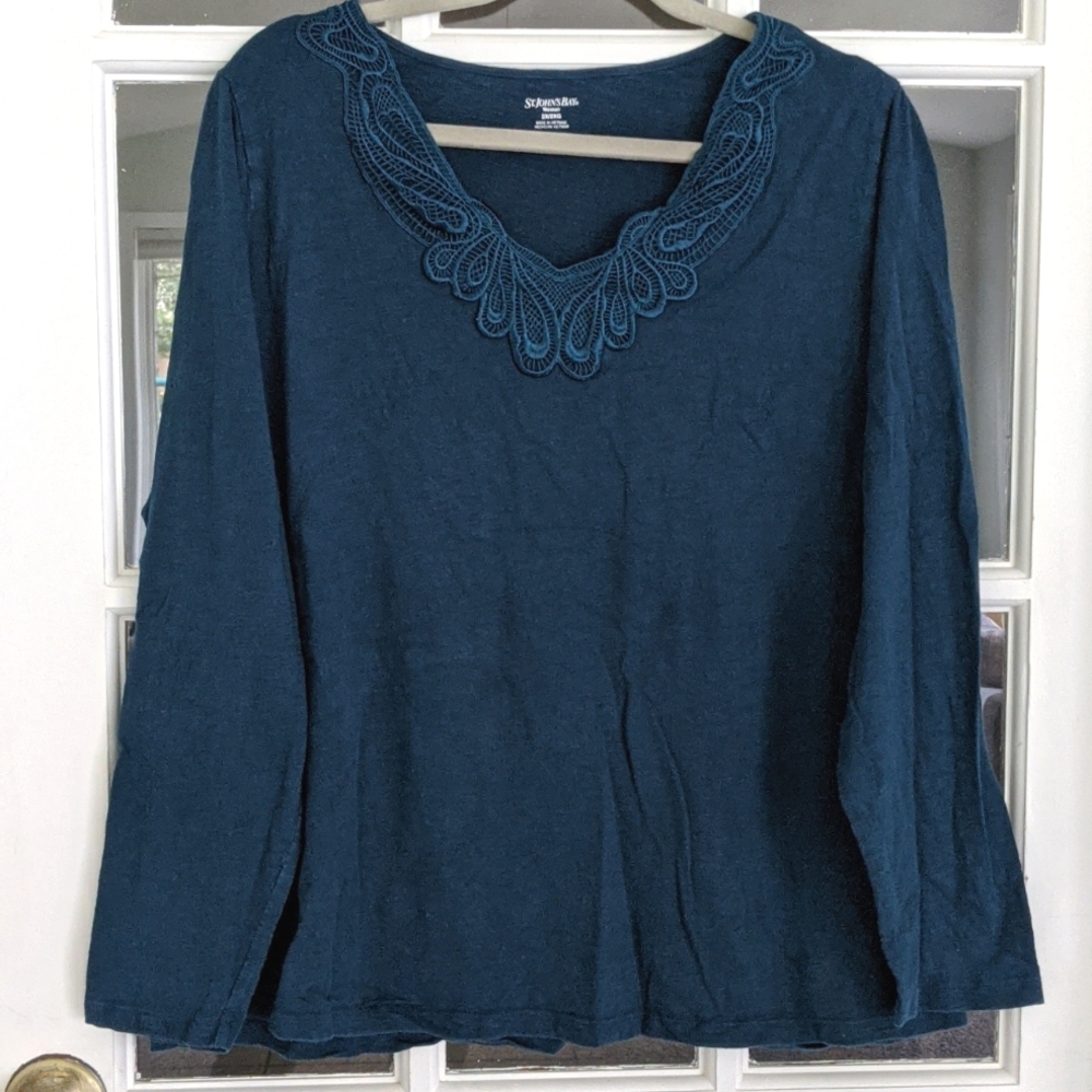 Women's 2X Dark Teal Lace Detail 100% Cotton Top T-shirt